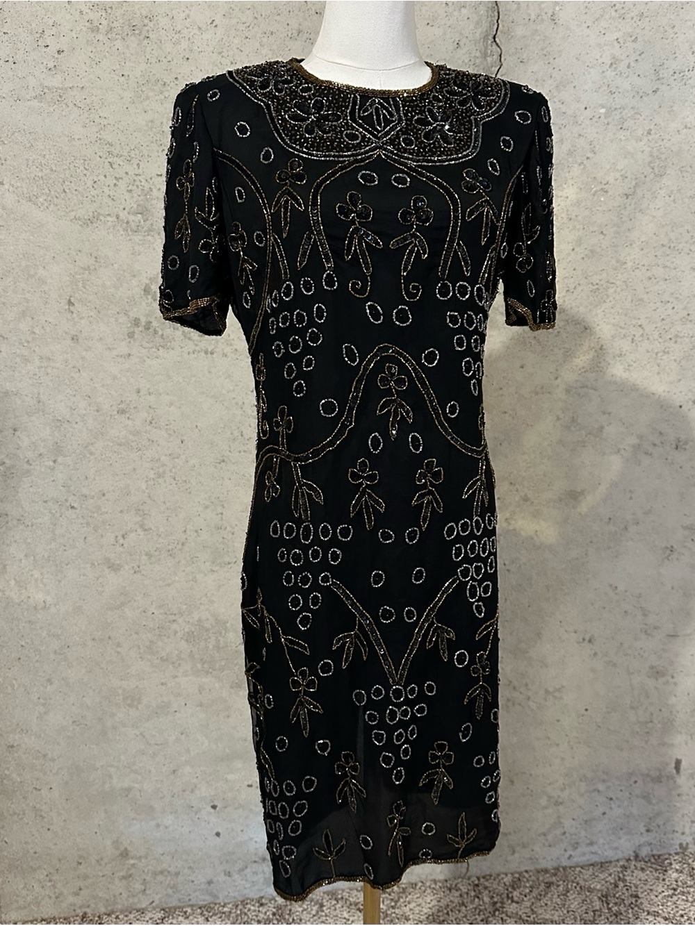 Vintage 80s Silk Beaded Cocktail Dress Art Deco Evening Wear Size MP